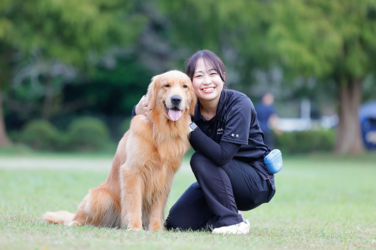 専門学校ちば愛犬動物フラワー学園 ゴールデンレトリバーに頬を寄せる女子生徒の写真